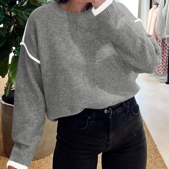 Women's 2024 Fall Trendy Ribbed Knit Sweater - Casual Crew Neck Loose Pullover‎ - Picture 4 of 6